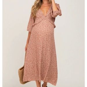 Rust Floral Ruffle V-Neck Maternity Midi Dress